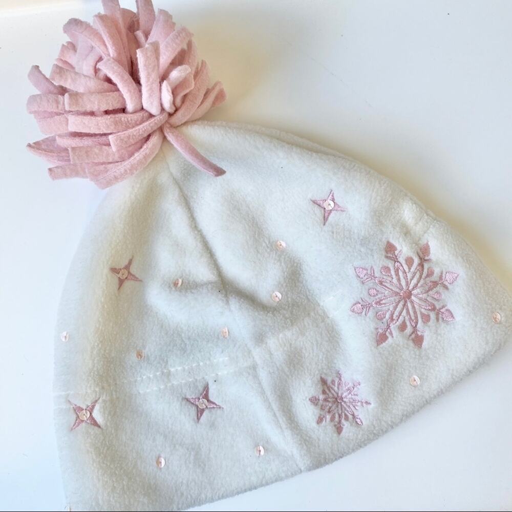 Youth Cream + Pink Snowflakes Winter Hat Toboggan